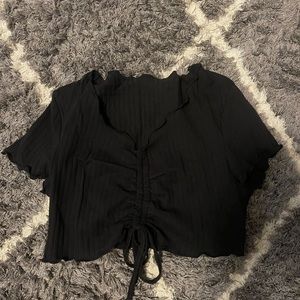Drawstring Ruched Front Crop Tee black size L